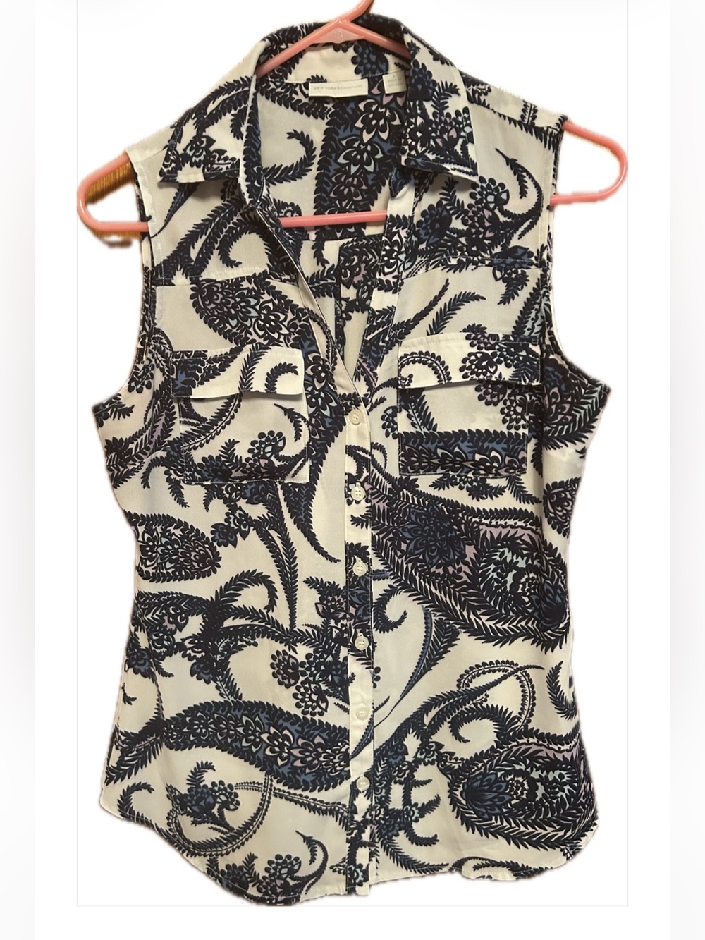New York & Company White and Navy Paisley Sleeveless Button-Down Shirt